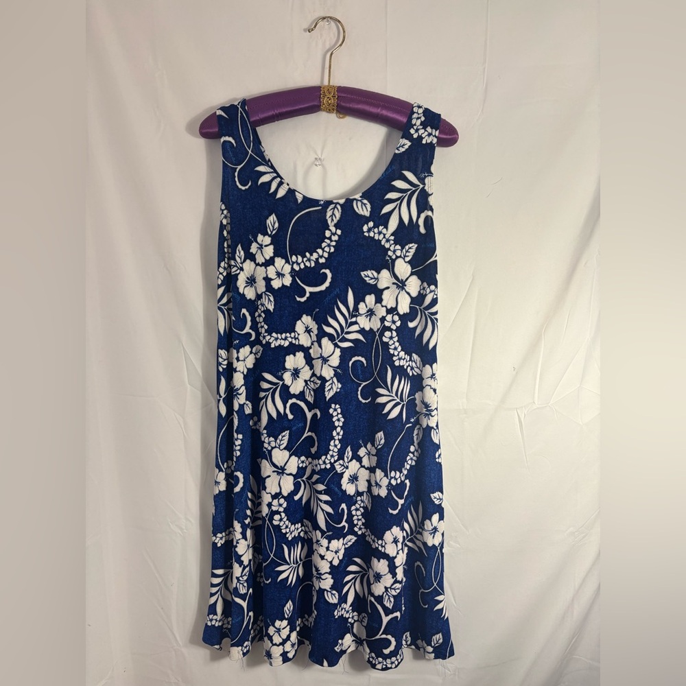 Classic Royal Blue Tropical Retro Hawaiian Print‎ Beach Boho Dress Size L